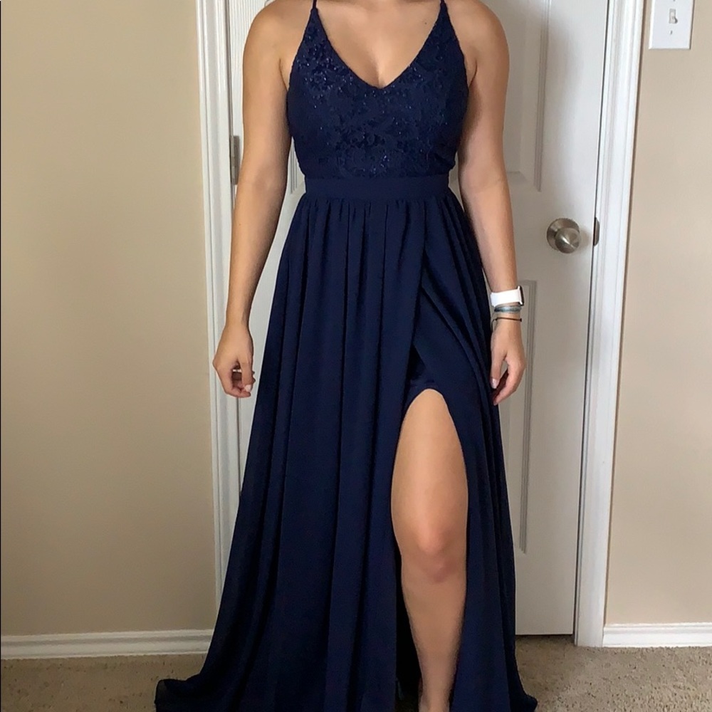 Dark blue long Jodi Kristopher prom, homecoming, formal dress Sz 1